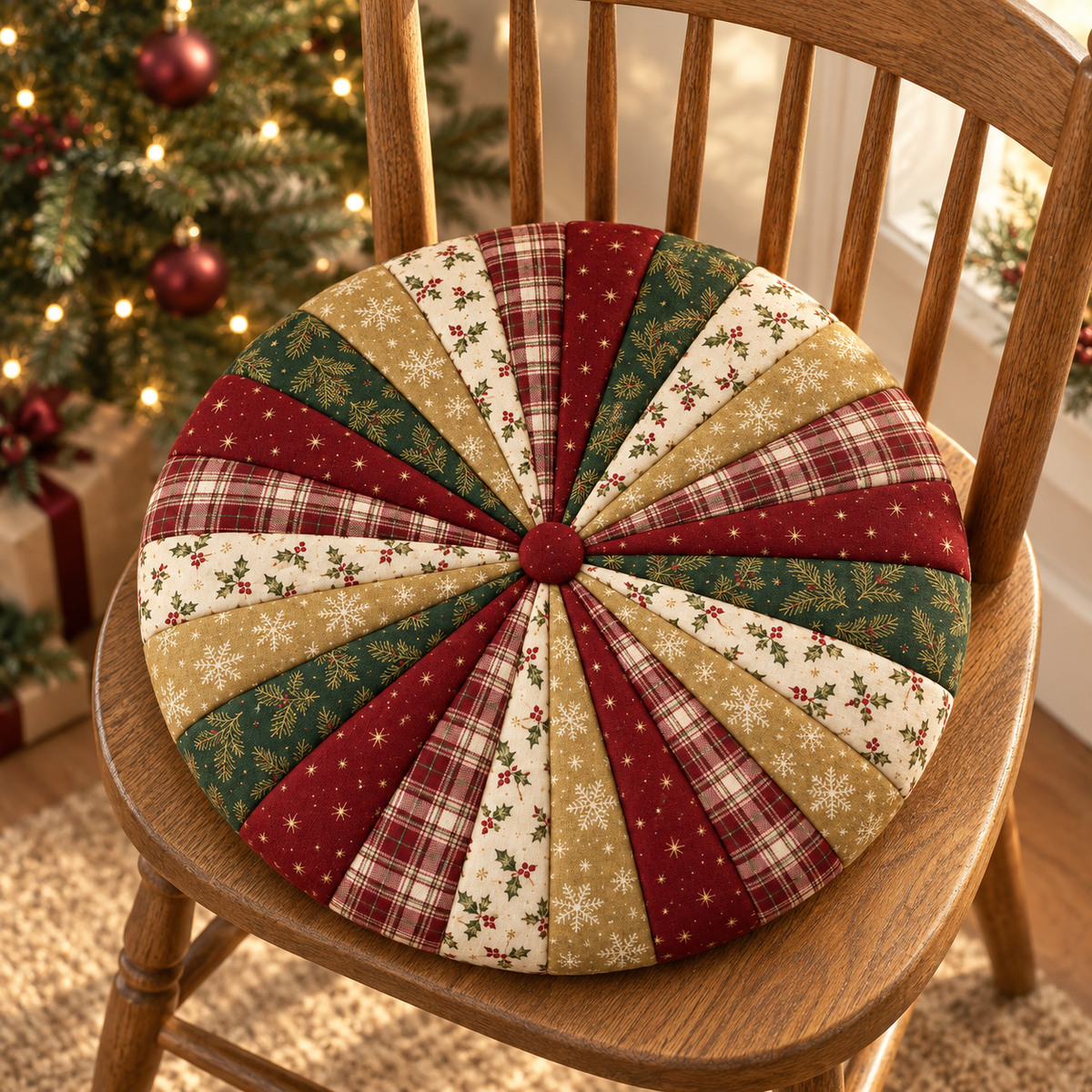 Round burgundy, green and gold patchwork cushion on an oak chair beside a Christmas tree. AI-generated fabric-styling illustration.