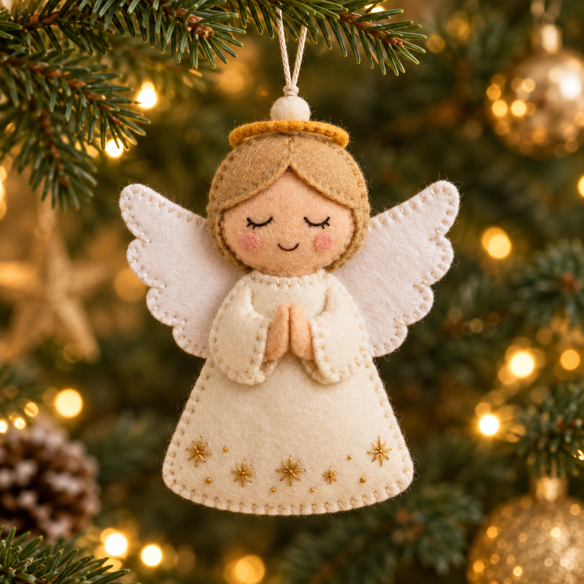 Christmas Keepsake Felt Angel ornament with cream dress and gold embroidery hanging on a Christmas tree