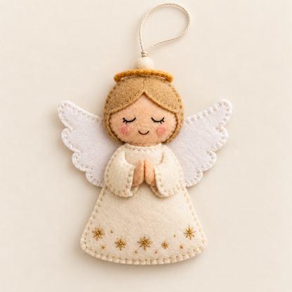 Cream felt angel ornament with white wings and gold stars on an ivory background