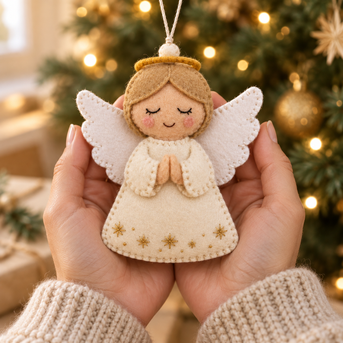 Small felt angel held in adult hands, showing its cream dress and embroidered face
