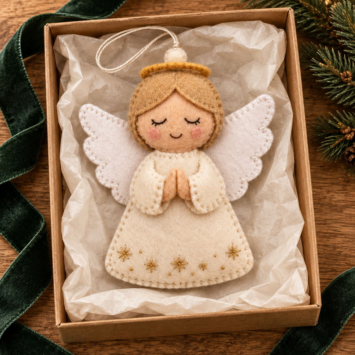 Christmas felt angel nestled in an open kraft gift box with green ribbon