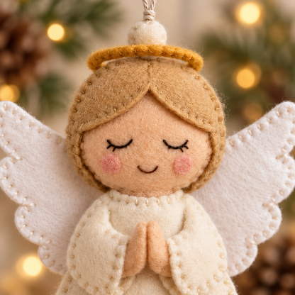 Close-up of the felt angel's embroidered eyes, tan hair, gold halo and folded hands