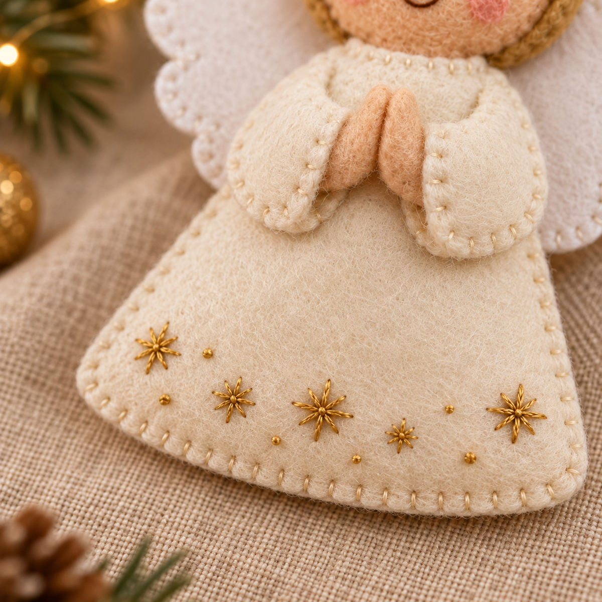 Gold star embroidery and blanket stitches along the cream felt angel dress