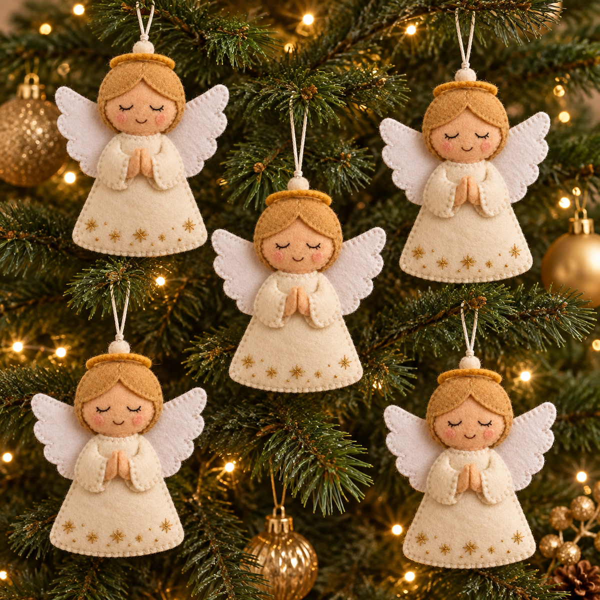 Five matching felt angel ornaments hanging on a Christmas tree