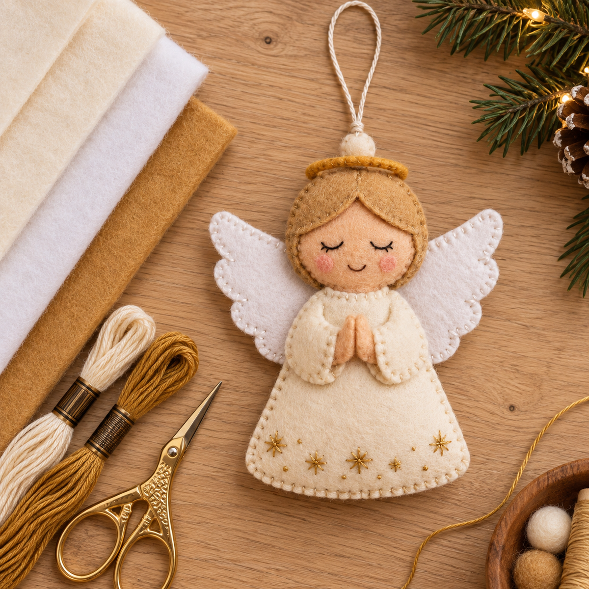 Felt angel beside cream and white felt, embroidery floss and sewing scissors