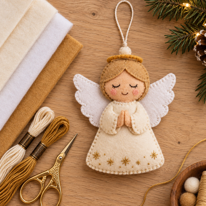 Felt angel beside cream and white felt, embroidery floss and sewing scissors