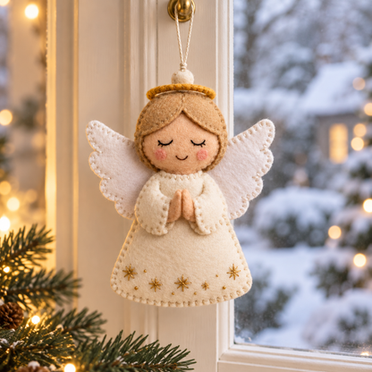 Christmas felt angel hanging beside a snowy winter window