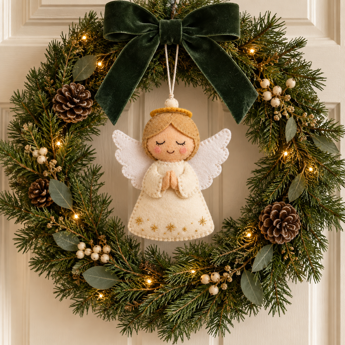 Felt angel ornament suspended in the center of an evergreen Christmas wreath
