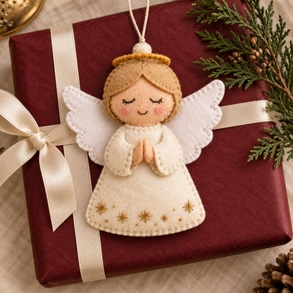 Cream felt angel used as a keepsake topper on a burgundy wrapped gift
