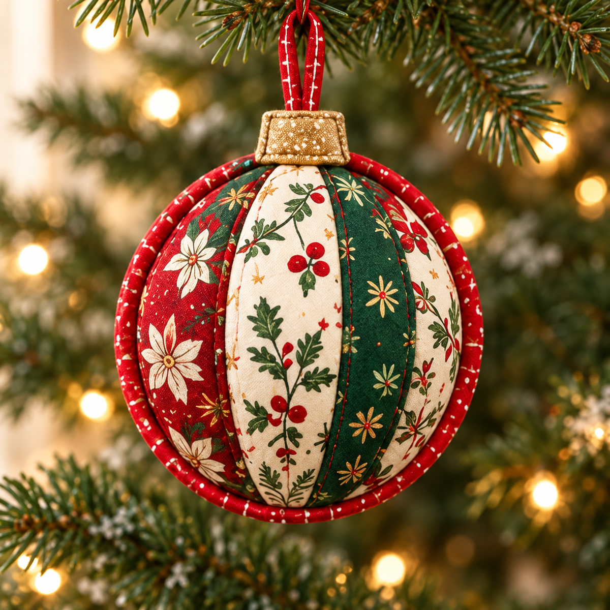 Red, cream and green Christmas Keepsake quilted ornament on a fir tree; AI-generated styling illustration