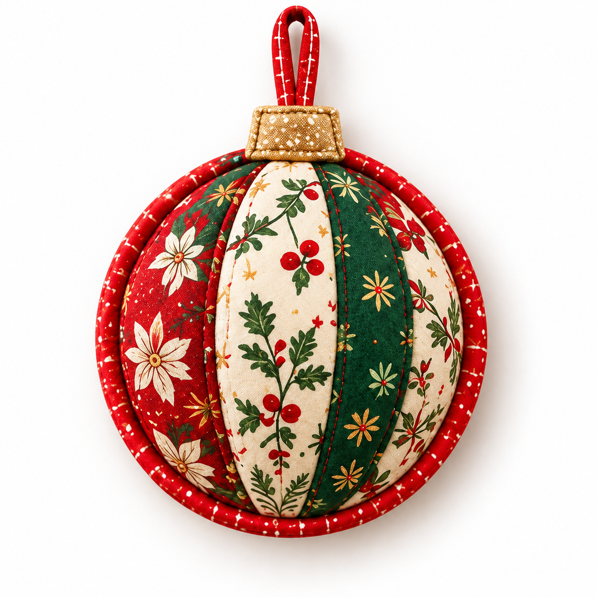 Quilted Christmas Keepsake ornament on a white background; AI-generated styling illustration