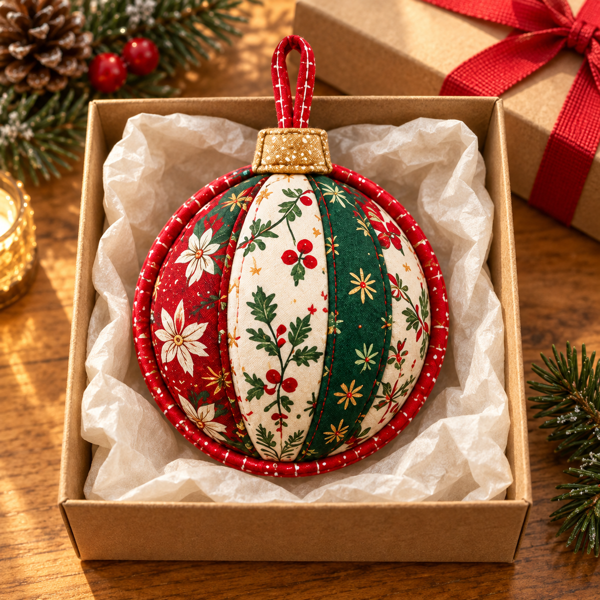 Christmas Keepsake fabric ornament in an open gift box; AI-generated styling illustration