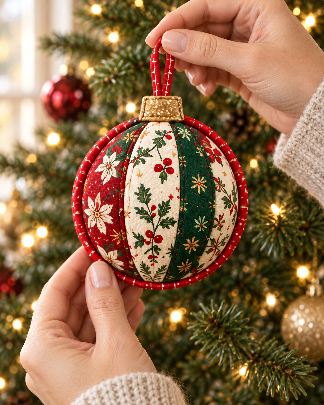 Hands holding the Christmas Keepsake fabric ornament by its red hanging loop; AI-generated styling illustration