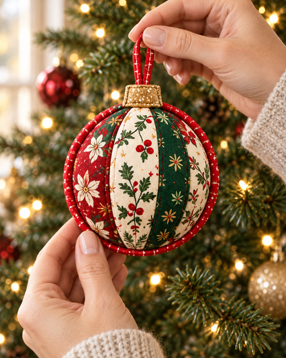 Hands holding the Christmas Keepsake fabric ornament by its red hanging loop; AI-generated styling illustration