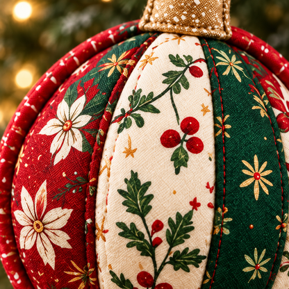 Close-up of curved patchwork panels and quilting on a Christmas ornament; AI-generated styling illustration