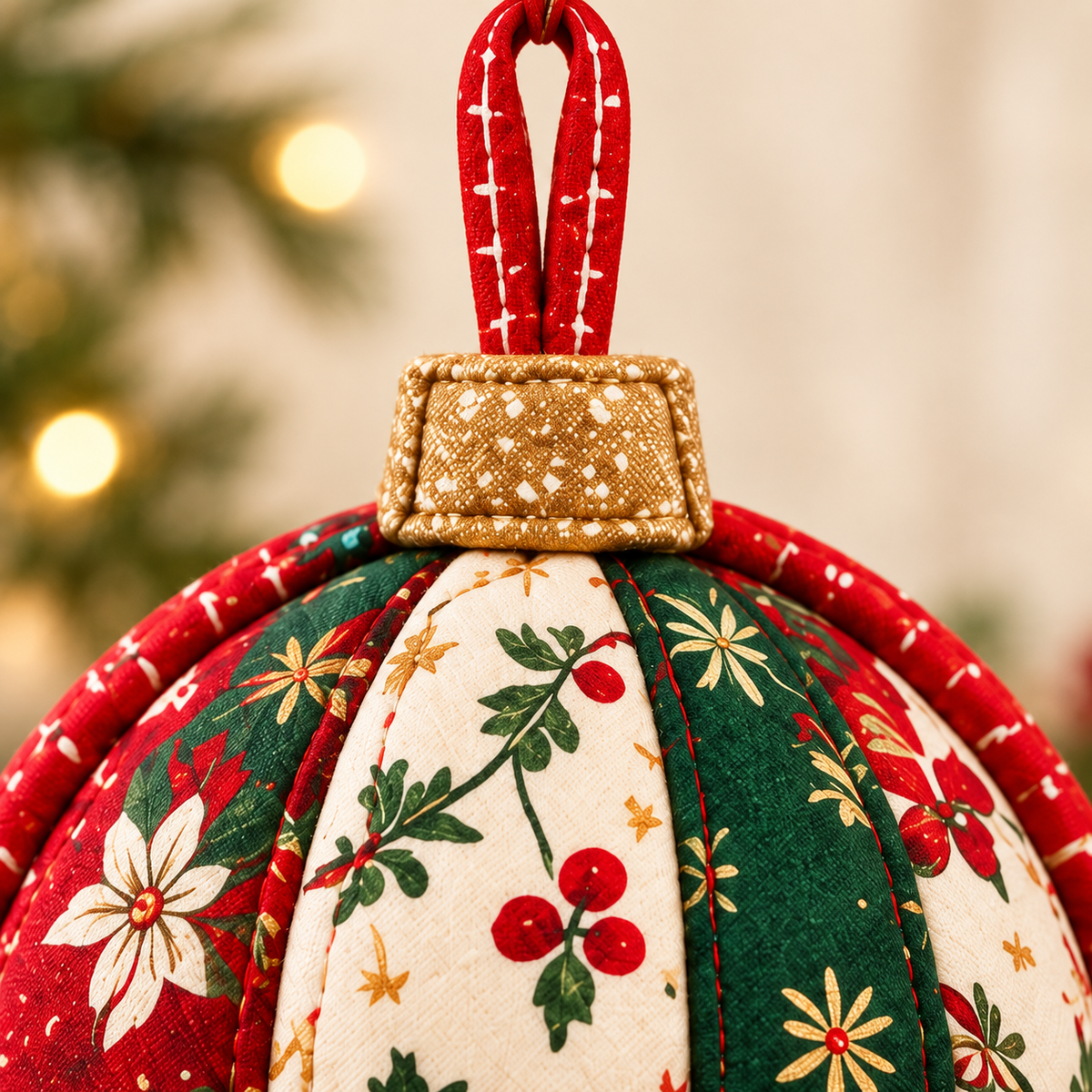 Gold fabric cap and red hanging loop detail on a Christmas Keepsake ornament; AI-generated styling illustration