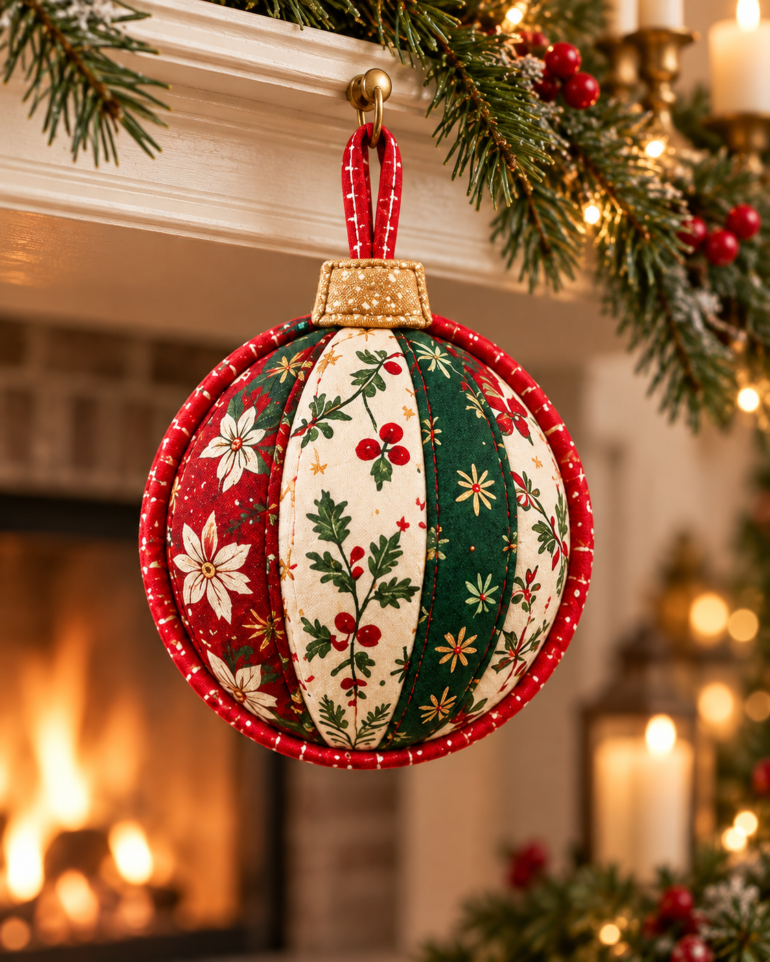 Christmas Keepsake ornament in a cozy festive fireplace setting; AI-generated styling illustration