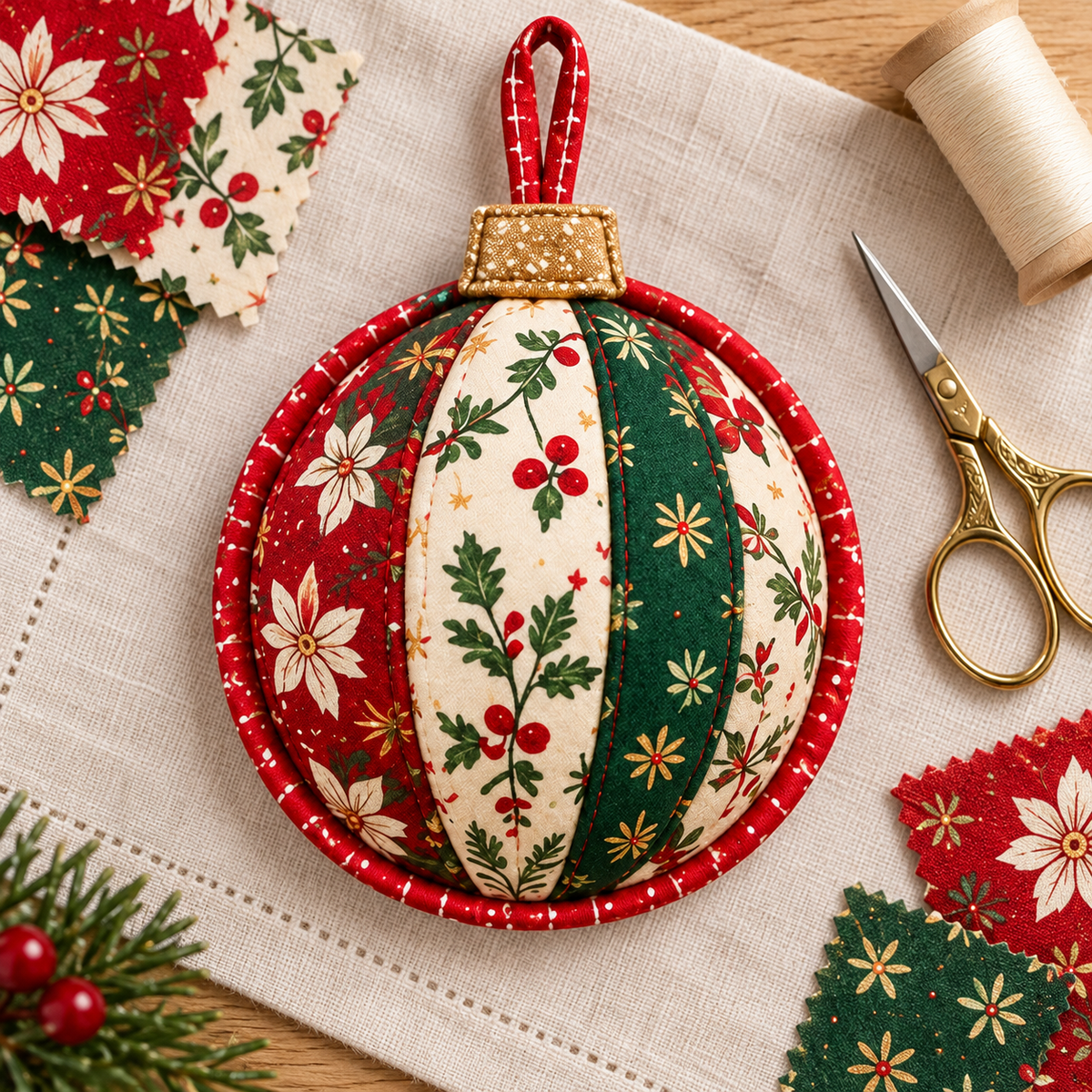 Christmas ornament styling with coordinating fabrics and sewing tools; AI-generated styling illustration