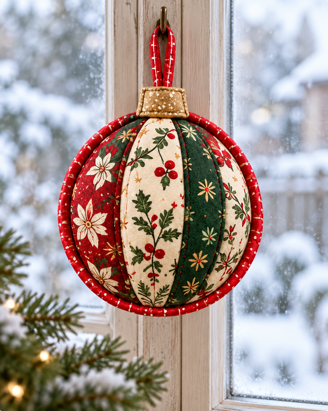 Christmas Keepsake ornament beside a winter window; AI-generated styling illustration