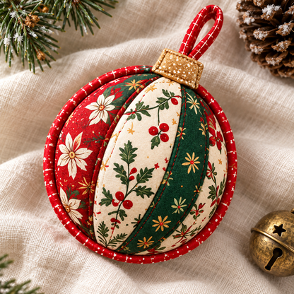 Christmas Keepsake quilted ornament on ivory linen; AI-generated styling illustration
