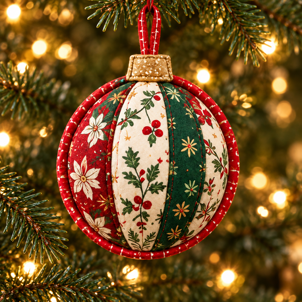Christmas Keepsake ornament on an evening tree with warm lights; AI-generated styling illustration