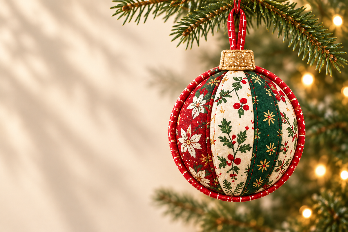 Christmas Keepsake ornament in a wide festive banner composition; AI-generated styling illustration