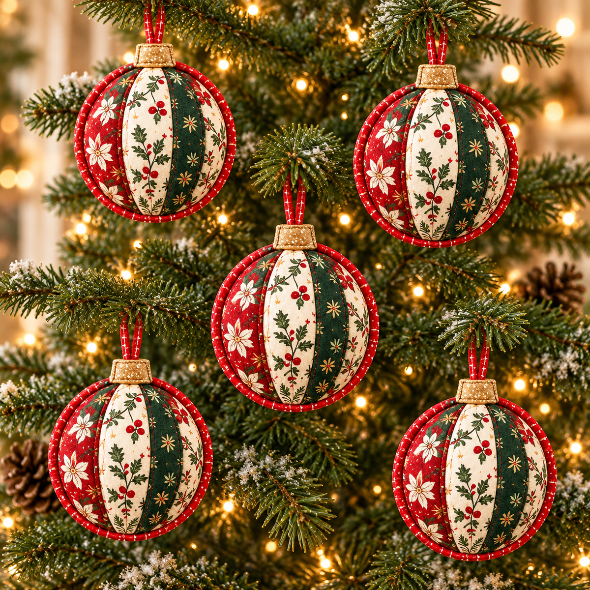 Five matching Christmas Keepsake ornaments hanging on a Christmas tree; AI-generated styling illustration