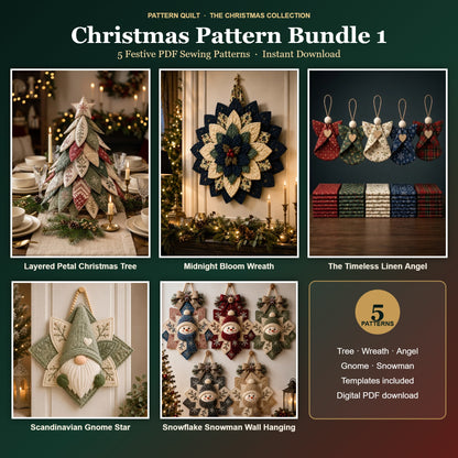 Christmas Pattern Bundle 1 – 5 PDF patterns: Layered Petal Christmas Tree, Midnight Bloom Wreath, Timeless Linen Angel, Scandinavian Gnome Star, Snowflake Snowman Wall Hanging