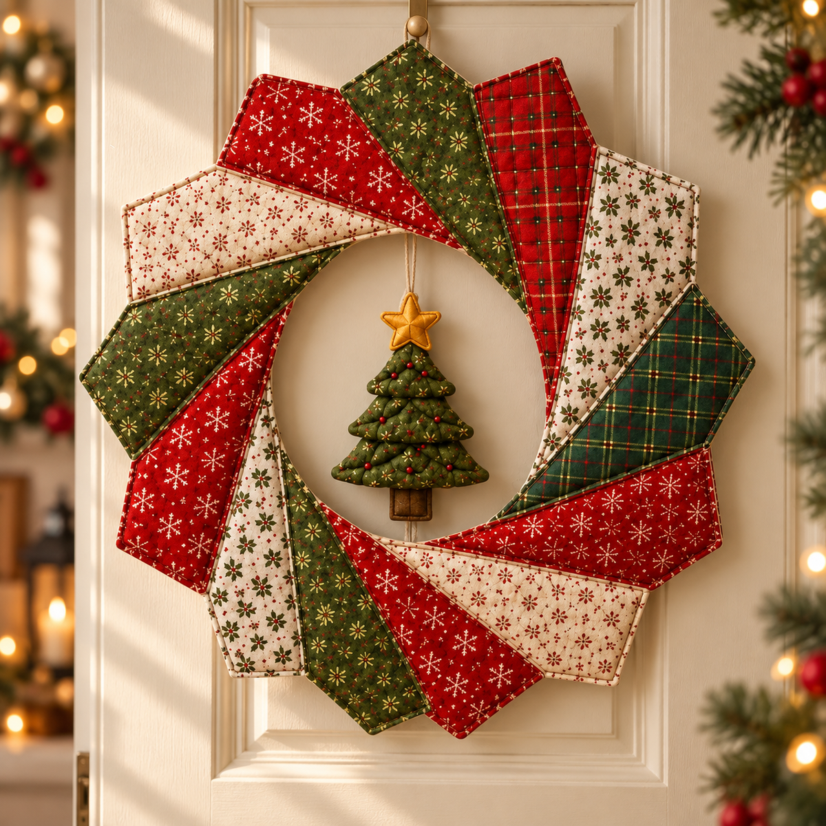 Christmas Ribbon Spiral Wreath on an ivory door with a hanging tree and star; AI-generated styling illustration