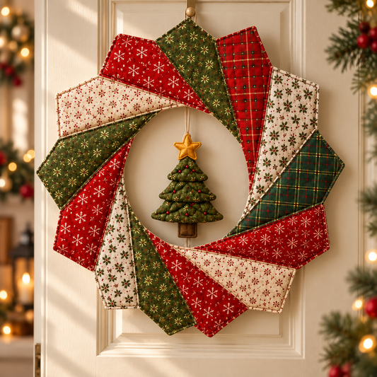 Christmas Ribbon Spiral Wreath on an ivory door with a hanging tree and star; AI-generated styling illustration