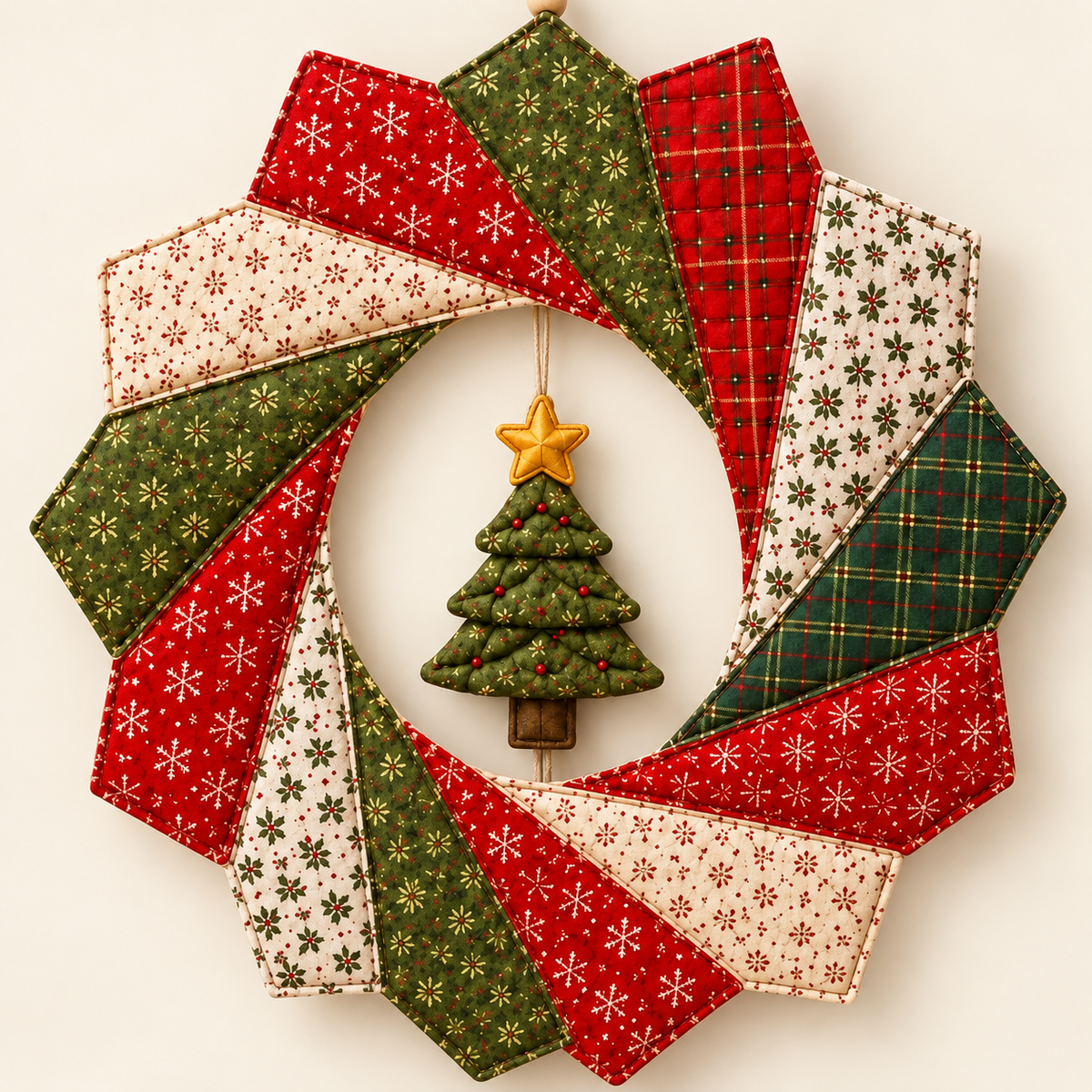 Christmas Ribbon Spiral Wreath on a clean ivory background; AI-generated styling illustration