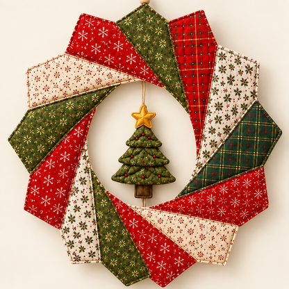 Christmas Ribbon Spiral Wreath on a clean ivory background; AI-generated styling illustration