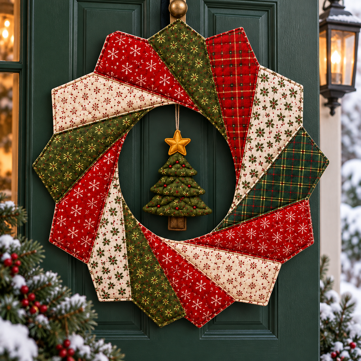 Patchwork Christmas wreath on a forest-green door; AI-generated styling illustration