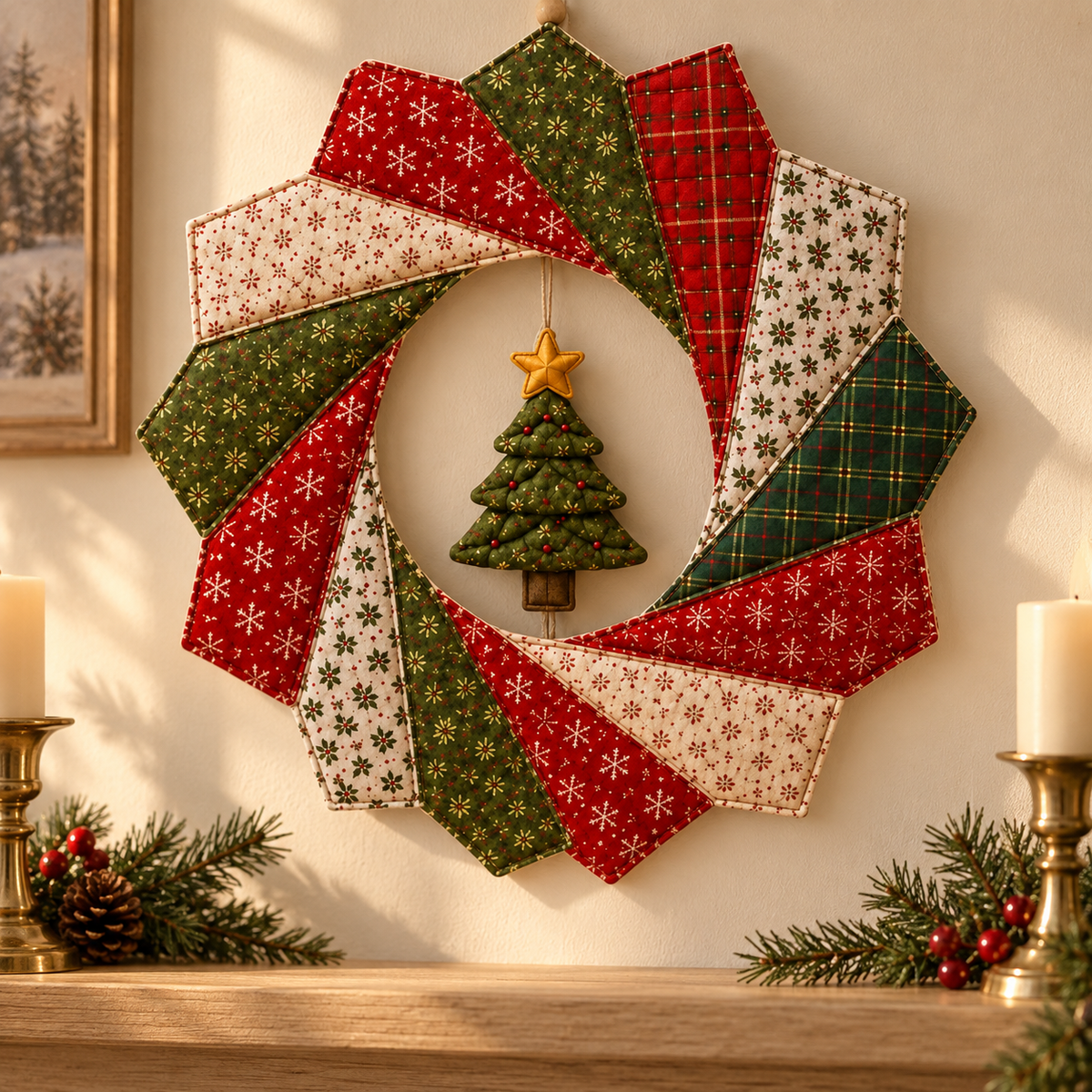 Red, green and cream spiral wreath above a Christmas mantel; AI-generated styling illustration