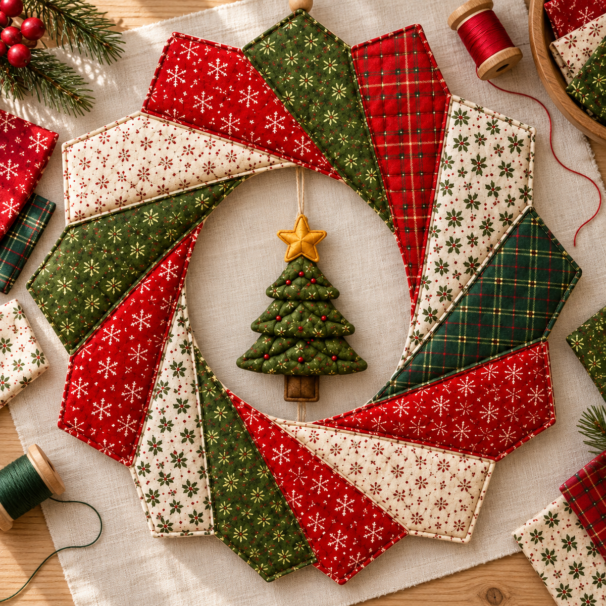 Christmas fabric wreath with coordinating scraps on a sewing table; AI-generated styling illustration
