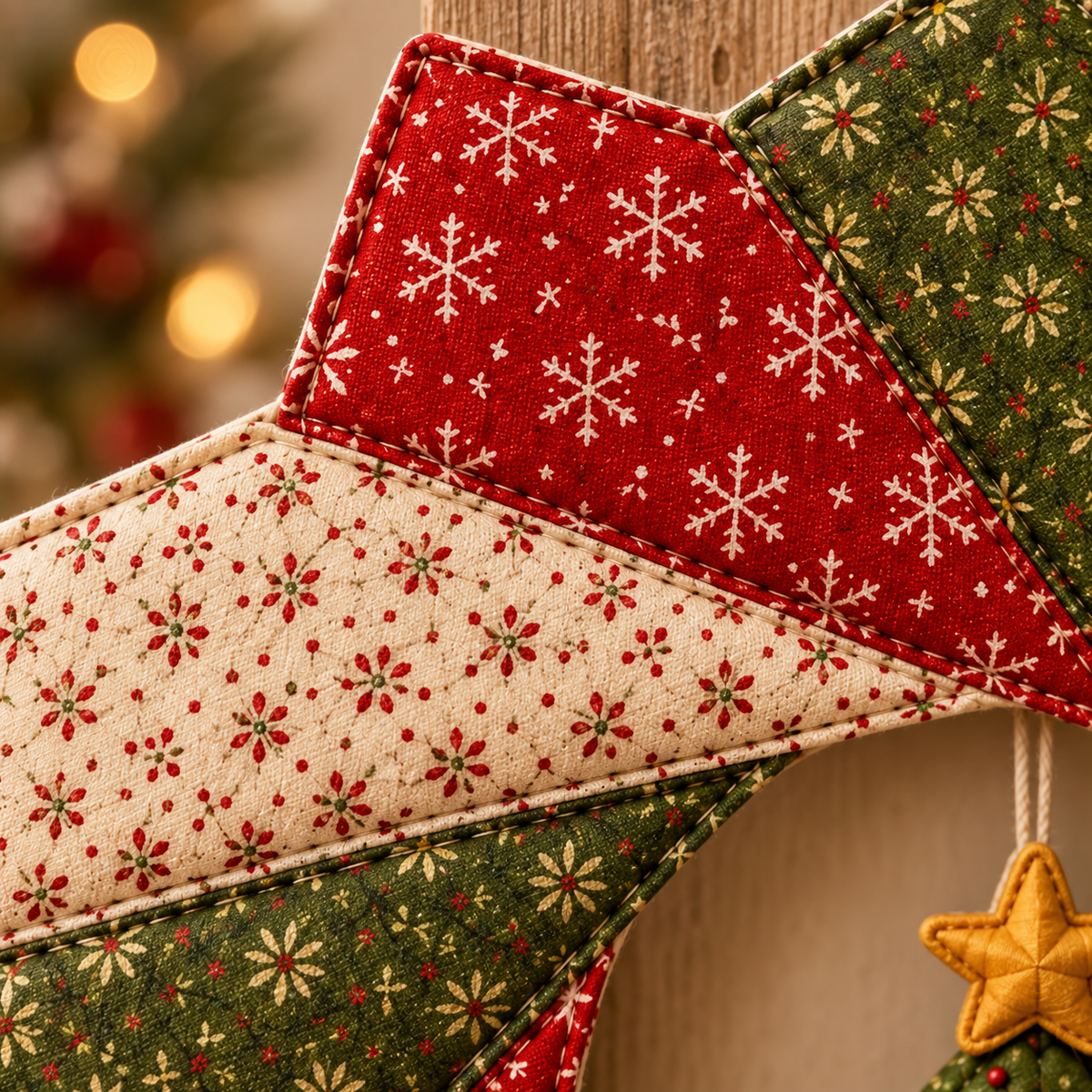 Close-up of floral and snowflake cotton panels and edge stitching; AI-generated styling illustration