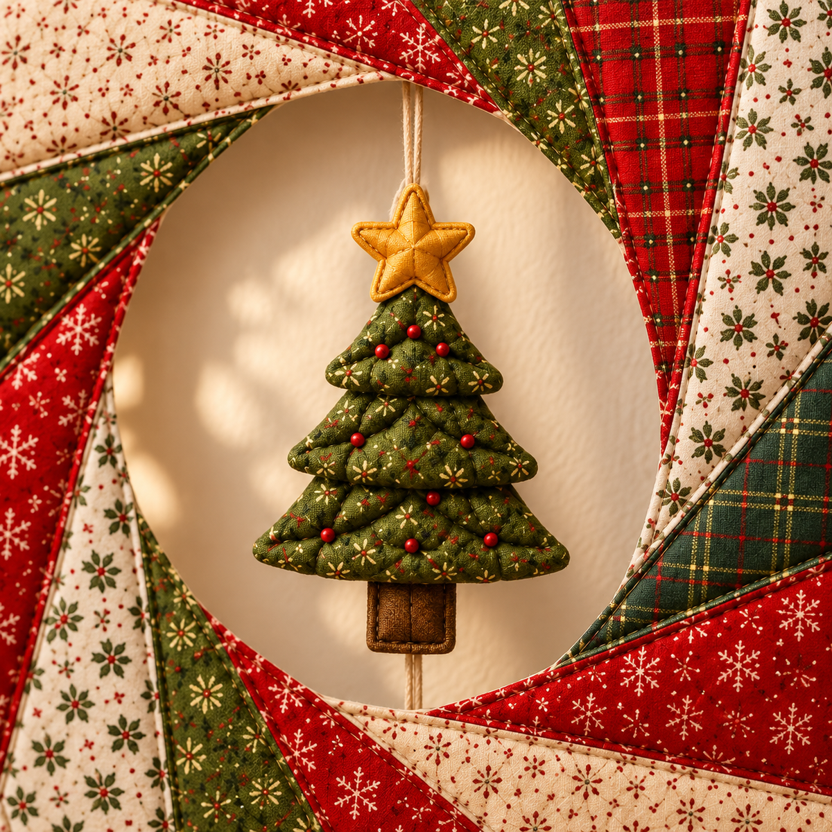Padded tree and gold star detail in the wreath center; AI-generated styling illustration