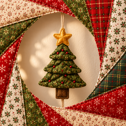 Padded tree and gold star detail in the wreath center; AI-generated styling illustration