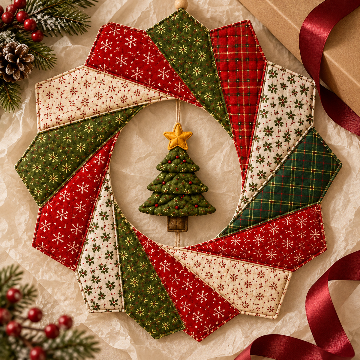 Christmas Ribbon Spiral Wreath styled beside gift wrapping; AI-generated styling illustration
