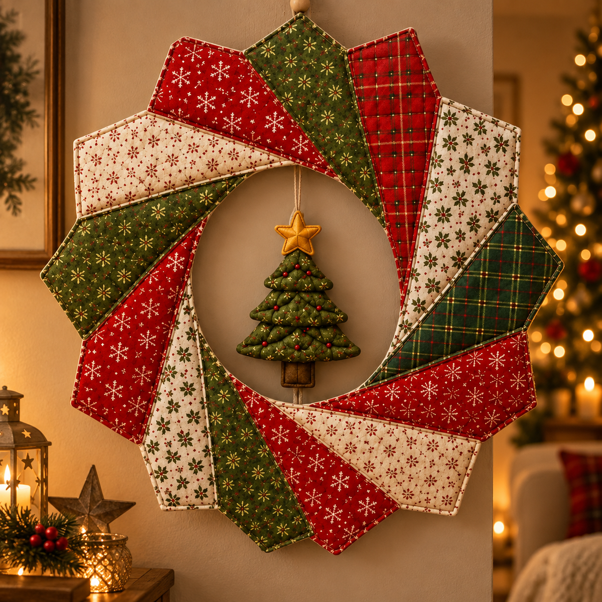 Quilted ribbon wreath in a warm evening Christmas setting; AI-generated styling illustration