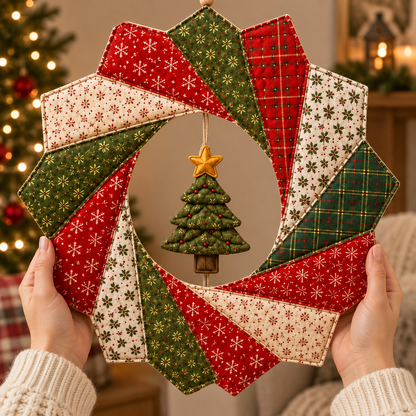 Hands holding the red and green fabric wreath; AI-generated styling illustration