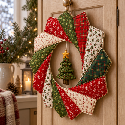 Side-angle view of overlapping patchwork wreath panels; AI-generated styling illustration