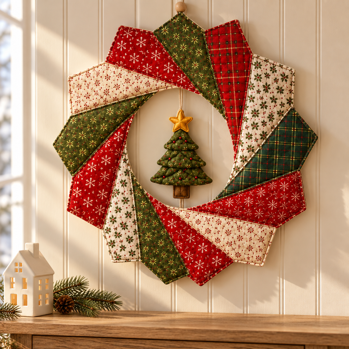 Christmas Ribbon Spiral Wreath in a bright holiday entryway; AI-generated styling illustration