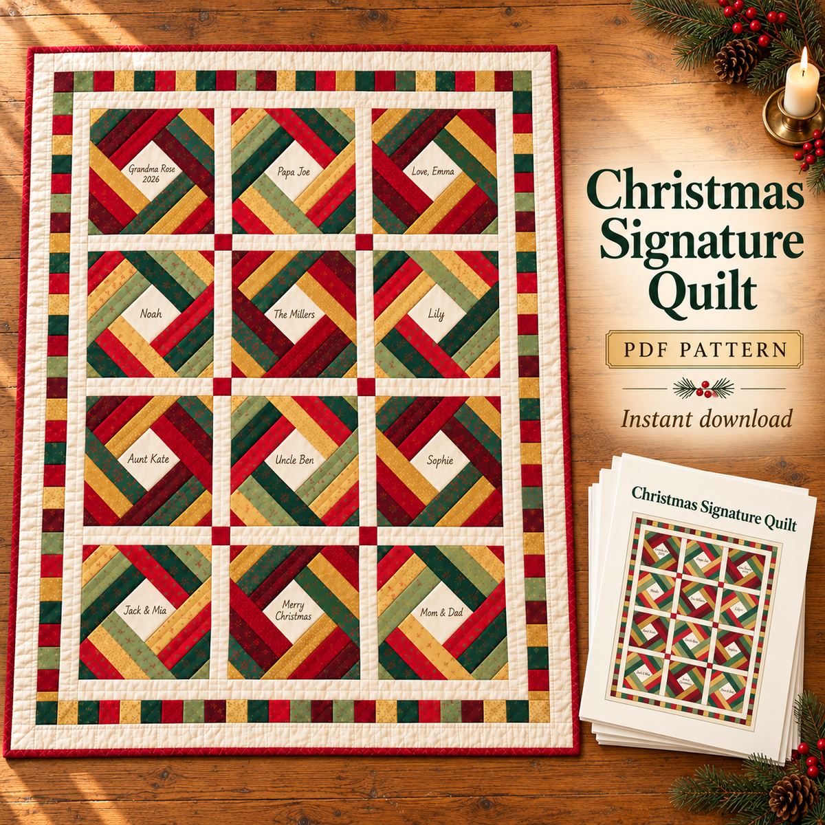 Christmas Signature Quilt PDF pattern: red, green and gold diamond log cabin quilt with 12 signed cream windows