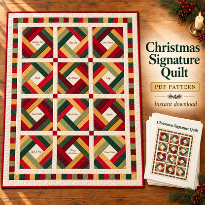 Christmas Signature Quilt PDF pattern: red, green and gold diamond log cabin quilt with 12 signed cream windows