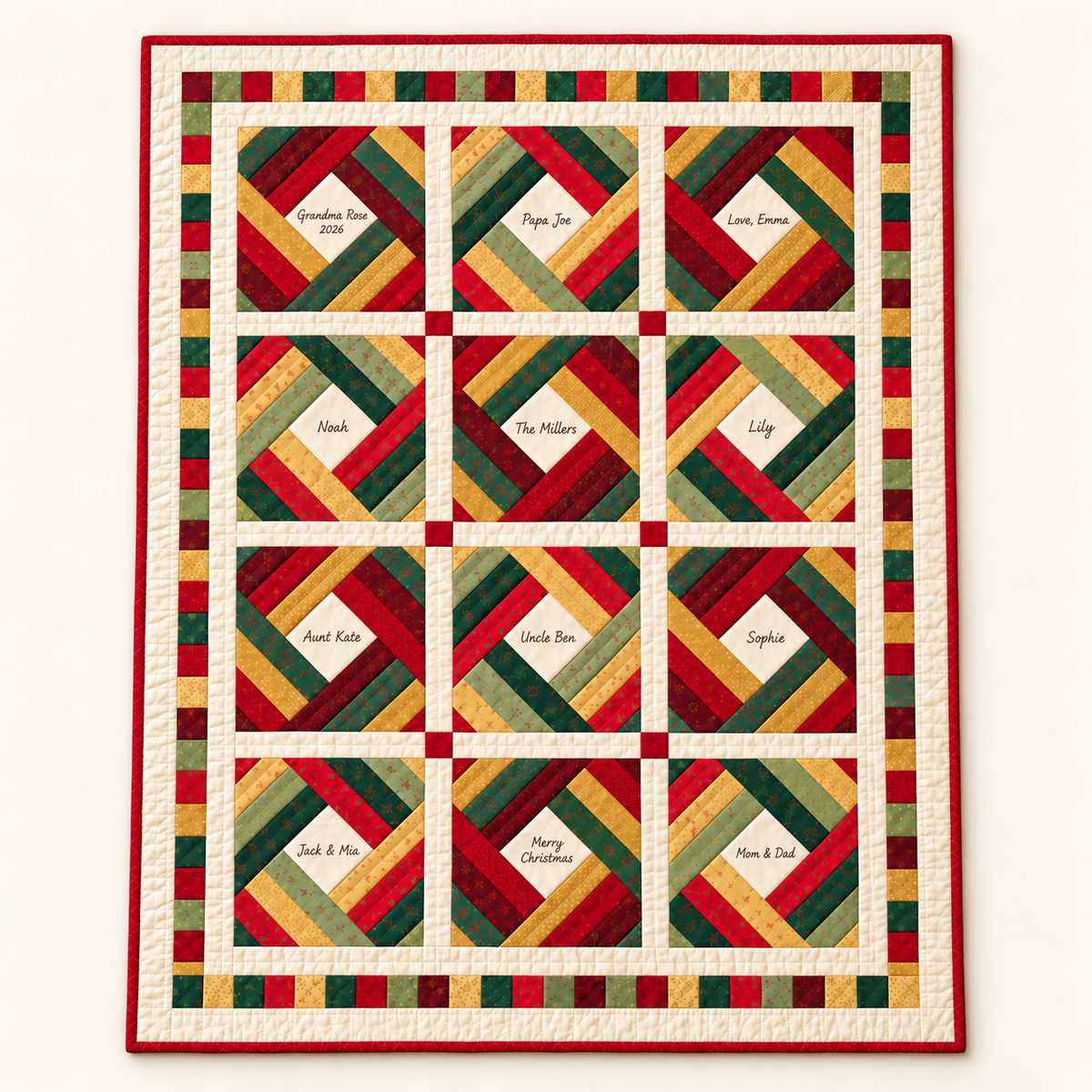 Full Christmas Signature Quilt with 12 diamond log cabin blocks, family names, cream sashing and a pieced border