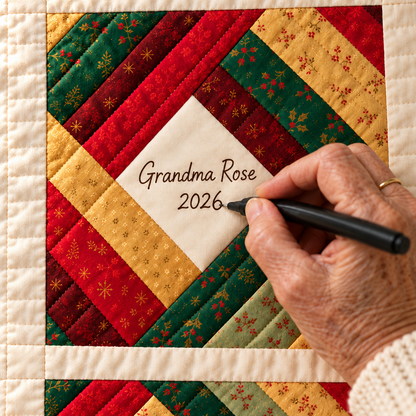 Hand signing Grandma Rose 2026 in a cream window of the Christmas Signature Quilt