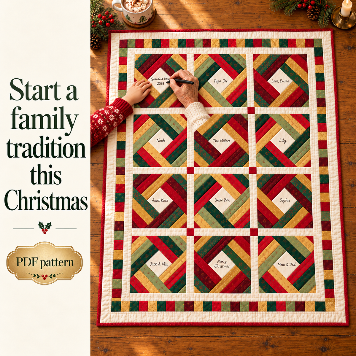 Family signing the Christmas Signature Quilt on a dining table to start a Christmas tradition