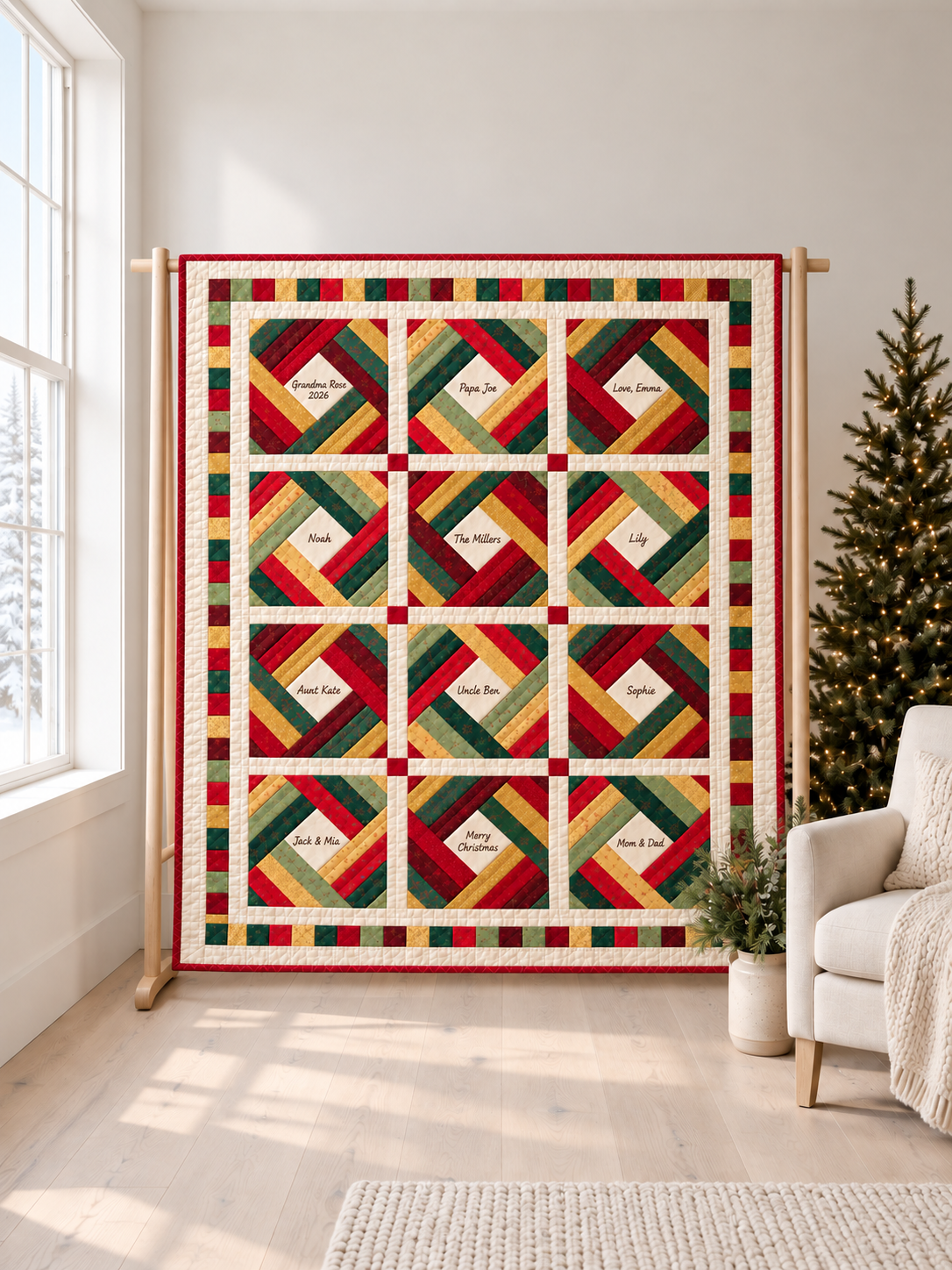 Christmas Signature Quilt displayed on a wooden quilt stand beside a Christmas tree