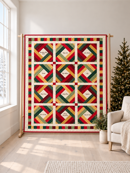Christmas Signature Quilt displayed on a wooden quilt stand beside a Christmas tree